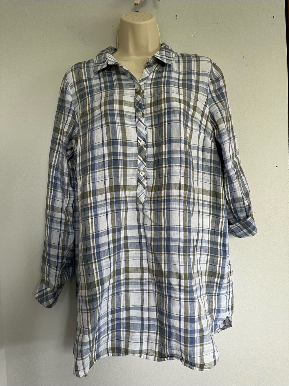J Jill Love Linen Lagenlook Plaid Tunic Shirt Roll Tab Sleeve Coastal Beach Sz S